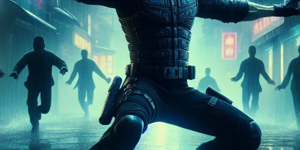 Xie Miao as a rugged police officer performing martial arts in a gritty, neon-lit urban setting.