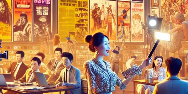 A vibrant newspaper office scene showcasing diverse characters in the Chinese film industry, discussing films and celebrating cinema.