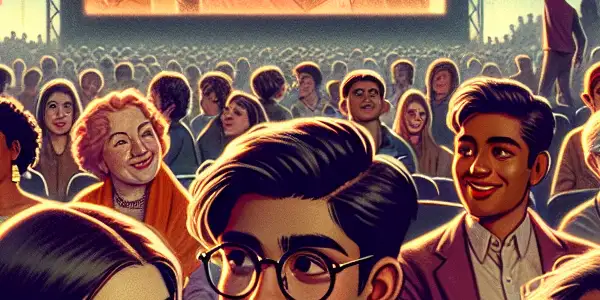 A vibrant film festival scene with diverse enthusiasts discussing iconic movies under a starry dusk sky.