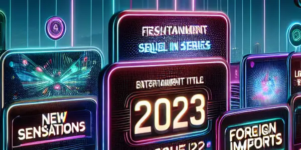 A high-tech interface displaying the top 10 adult entertainment titles of 2023 with vibrant graphics and user interaction elements.