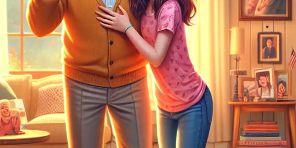 A surprised father and his playful granddaughter share a joyful moment in a cozy, inviting living room filled with family photos.