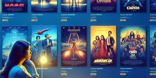 A cozy living room scene featuring a person watching movies on a large TV, surrounded by colorful movie posters and snacks.