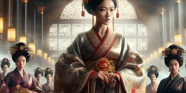 A powerful empress in a Qing Dynasty palace surrounded by concubines, showcasing complex emotions and relationships.
