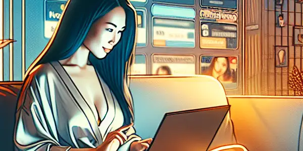 A cozy home scene featuring a person browsing adult content on a laptop, emphasizing privacy and comfort.