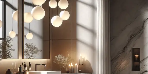 A luxurious, modern bathroom featuring a marble countertop, freestanding bathtub, and ambient lighting for a serene retreat.