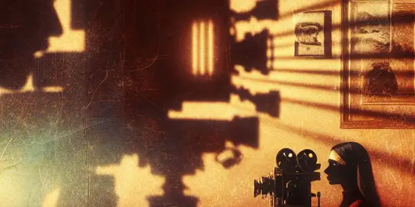 A dimly lit 1980s living room with two shadowy figures engaged in a tense conversation, illuminated by a film projector.