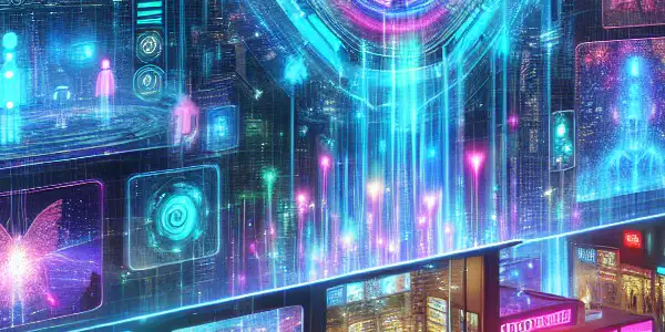 A futuristic cityscape featuring holographic adult content platforms and immersive virtual experiences in a neon-lit environment.