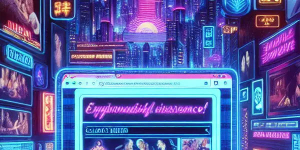 A vibrant cyber city scene promoting safe browsing for classic adult films, featuring neon lights and nostalgic memorabilia.