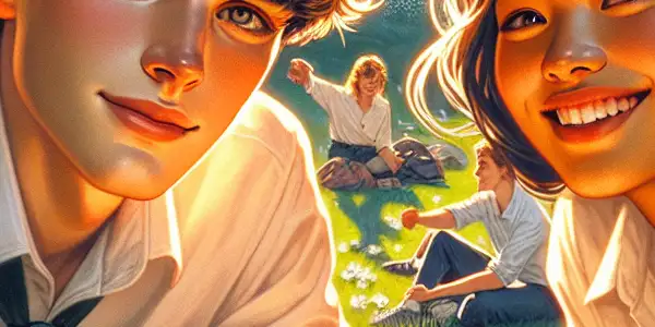 A young couple sits on a grassy hill amidst blooming jasmine flowers, surrounded by a lively university campus in spring.