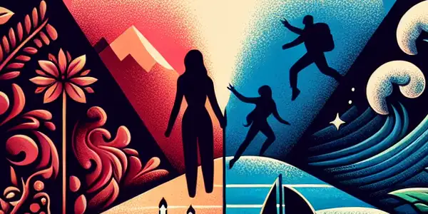 A split illustration showcasing romance with a cozy couple under stars and adventure with an energetic couple exploring nature.