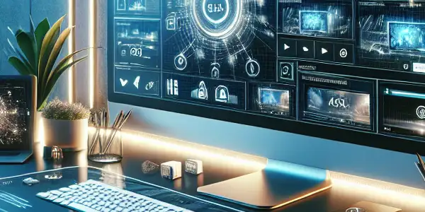 A modern digital workspace for adult content creation, featuring a sleek desk, high-end computer, and city skyline view.