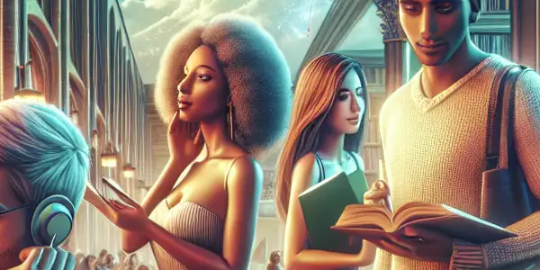 A vibrant university campus with diverse adult students engaged in studying, chatting, and sharing moments in a warm atmosphere.