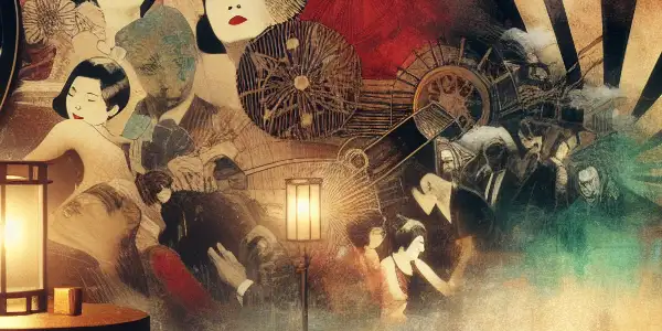 A nostalgic collage featuring vintage Japanese cinema elements, film reels, and iconic imagery from 1970s pink films.