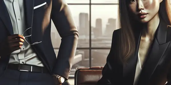 A modern office scene featuring a confident woman and charismatic man, hinting at romantic tension amidst a stylish workspace.