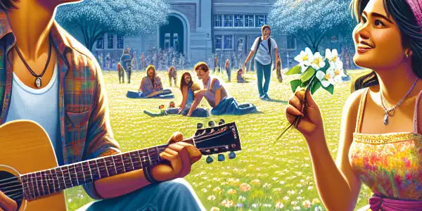 A vibrant university campus in spring, featuring a hopeful young man playing guitar beside a smiling woman in a sundress.