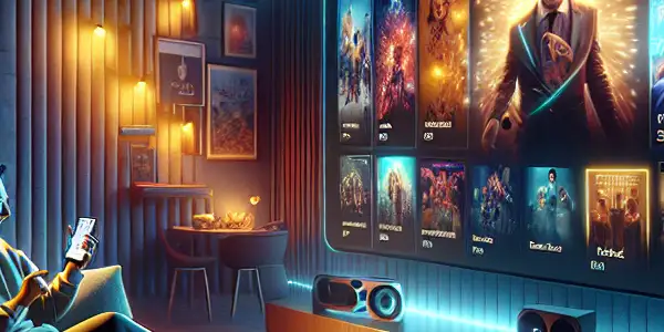 A person enjoying a smartphone in a cozy living room, surrounded by movie posters and snacks.