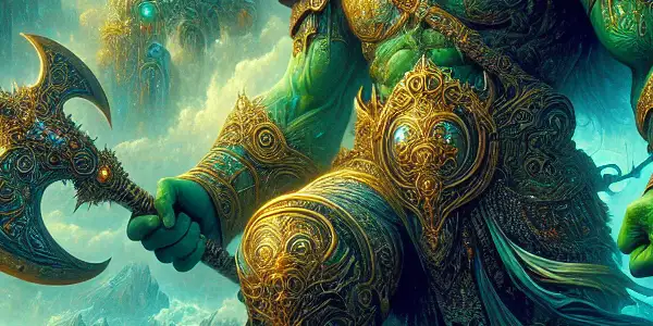 A dramatic fantasy scene featuring an Orc warrior and a Human knight amidst a vibrant Azeroth landscape with dragons and enchanted forests.