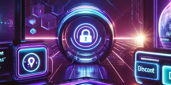 A futuristic digital interface showcasing adult content discounts with vibrant colors and elements of privacy and security.