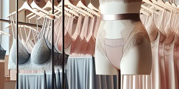 A modern lingerie boutique display featuring antibacterial pieces in soft colors, emphasizing elegance, hygiene, and quality.