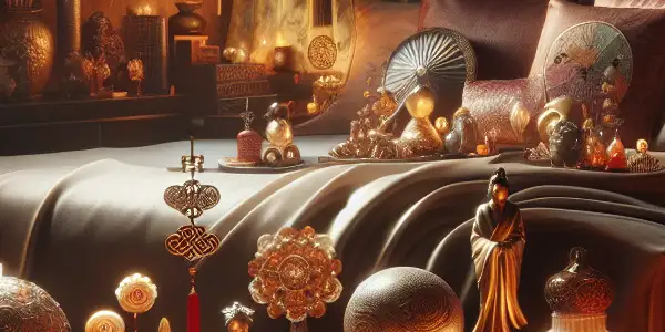 A cozy bedroom scene featuring elegantly arranged Asian erotic toys, creating an intimate and inviting atmosphere.
