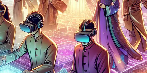 A futuristic virtual reality scene featuring diverse Asian characters in playful, intimate interactions within a vibrant, immersive environment.