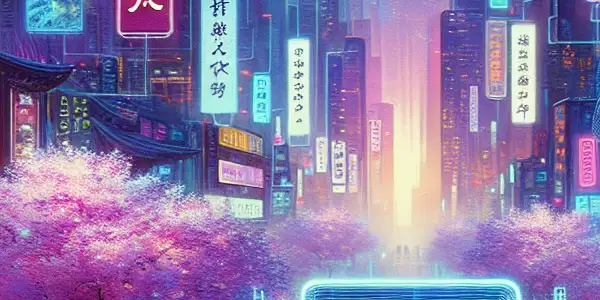 A vibrant, futuristic city skyline at night, featuring neon signs, cherry blossoms, and a character interacting with a holographic screen.
