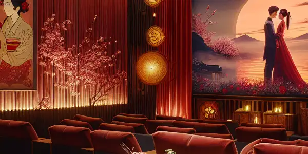 A cozy cinema room with a couple watching a romantic film, decorated with Japanese and Korean cultural elements.