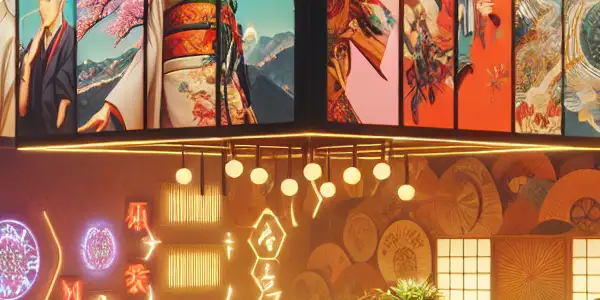 A futuristic adult entertainment room featuring diverse characters engaging with immersive virtual reality experiences and dynamic visuals.