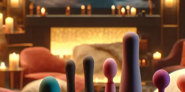 A cozy, dimly lit room featuring a stylish display of personal pleasure products and a softly glowing screen.