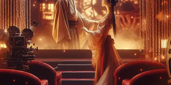 An intimate film studio scene showcasing romantic gestures between figures in flowing clothing, surrounded by cherry blossoms and lanterns.