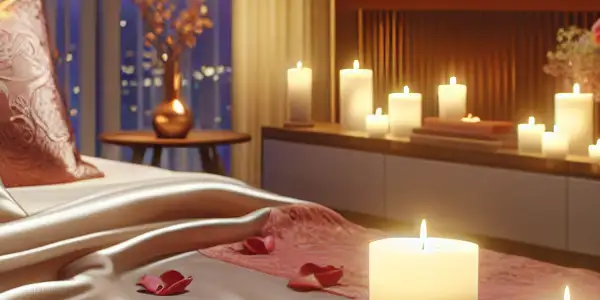 A modern bedroom with a luxurious massager, candles, rose petals, and a blurred TV scene suggesting intimacy.