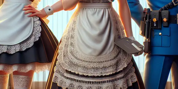 Three characters in provocative Western adult film uniforms: a nurse, maid, and police officer, in a stylishly lit room.