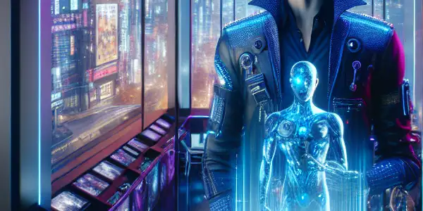 A futuristic VR studio showcasing a charismatic virtual actor amidst holographic displays and a vibrant city skyline.