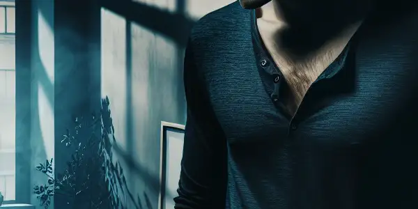 A brooding man in a dimly lit apartment reflects on his struggles with addiction and inner turmoil.