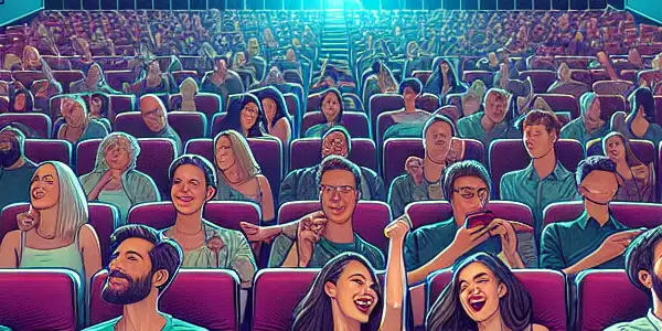 A lively cinema scene with diverse young adults eagerly awaiting a film preview, discussing, and taking selfies.