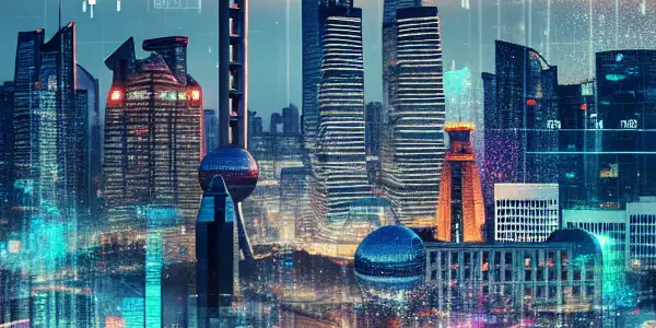 A diverse group of investors engages in an online trading forum about Shanghai Film stock against a backdrop of Shanghai's skyline.