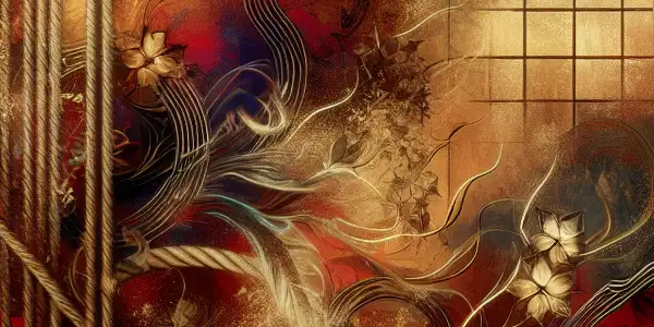 Abstract representation of bondage with intricate ropes around delicate silhouettes in a dimly lit, intimate setting.