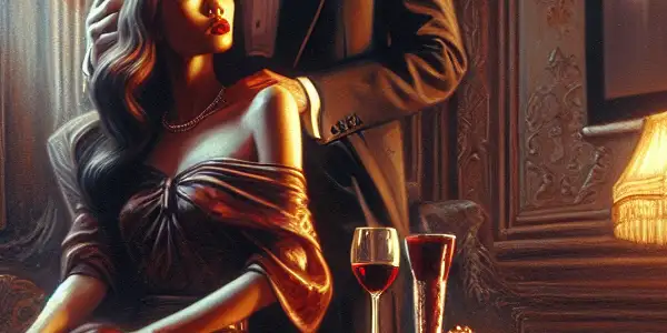 A passionate couple in a dimly lit Parisian apartment, embodying romance and sophistication amidst vintage decor.