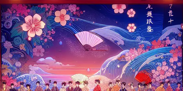 A vibrant film studio blending traditional Japanese aesthetics with modern elements, featuring passionate characters and neon lights.