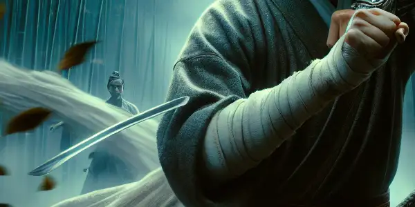 A fierce one-armed swordsman in traditional attire poised for battle in a misty bamboo forest.