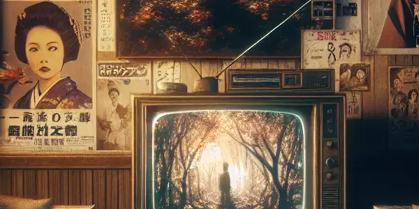 A dimly lit room with an old TV showing an adult film, surrounded by vintage Japanese film posters.