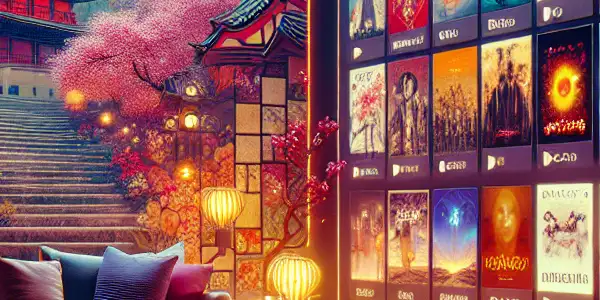 A vibrant virtual cinema showcasing diverse Japanese adult films with inviting ambiance and traditional Japanese elements.