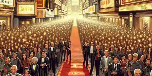 A vibrant red carpet event at the Macau International Film Festival featuring diverse attendees and iconic architecture.