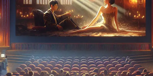 A dimly lit movie theater filled with an emotionally engaged audience watching a romantic film scene.