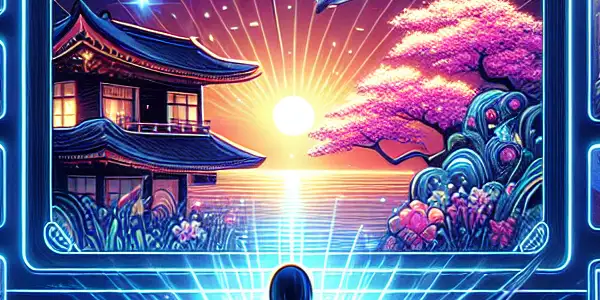 A modern digital interface showcasing adult film thumbnails with Japanese cultural elements in a cozy, relaxing setting.