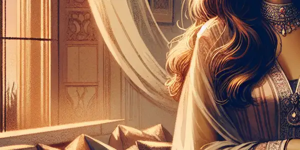 A romantic living room scene featuring an elegant woman in a tasteful outfit, embodying allure and emotional complexity.