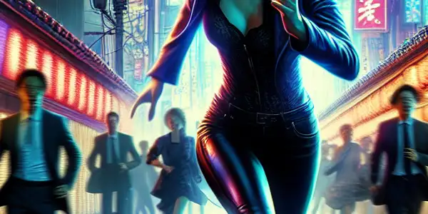 A thrilling urban chase featuring a determined protagonist amidst neon lights and traditional Japanese architecture.