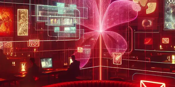 A futuristic adult entertainment lounge featuring digital interfaces and immersive experiences in a dimly lit, high-tech environment.