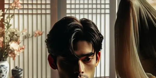 A young man and a mature woman share an intimate moment in a cozy, dimly lit room, reflecting complex emotions.