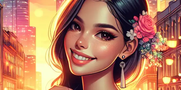 A cheerful young woman in fashionable attire explores a vibrant urban cityscape at dusk, surrounded by neon lights and romance.